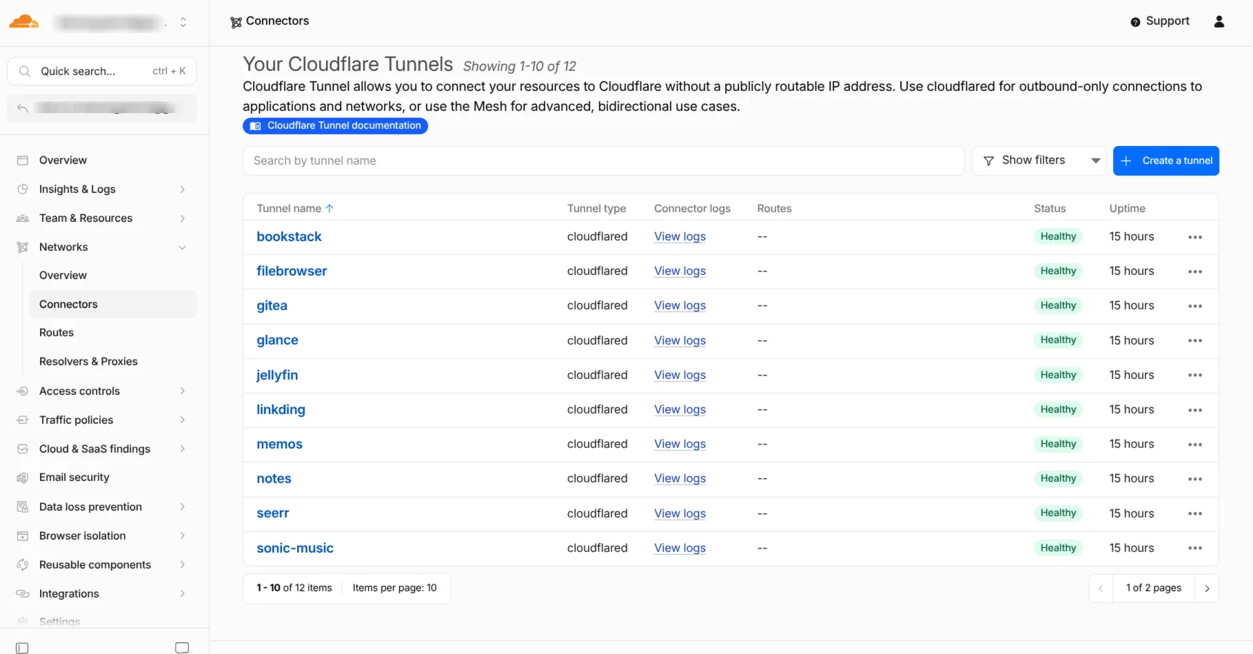 Gestionando mis tunnels desde el dashboard de cloudflare